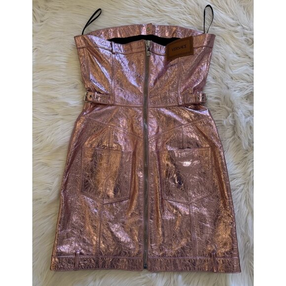 Versace x Dua Lipa New Rock Millennium Laminated Leather Mini Dress Pink 44 - Picture 11 of 14
